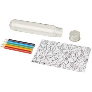 Set includes 5 coloured pencils and 5 colouring sheets inside a plastic tube with screw-on, metal lid.