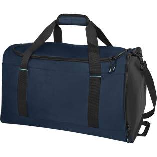 Sustainable GRS certified RPET duffel bag made with 55% recycled materials. Features a large zippered main compartment, a reinforced base panel, a side mesh pocket, and an expandable wet/dry zippered pocket. Comes with a small zippered internal pocket for organization, removable and padded shoulder strap, grab handles with padded velcro closure, and an extra grab handle on the bottom right side.