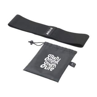 A resistance band (37 cm) made from comfortable and durable textile (polyamide, elastane and polyester). For strengthening various muscle groups. Resistance approx. 45 kg/99 lbs. Each in a RPET polyester pouch.