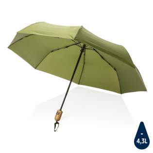 No greenwashing, but telling a true story about sustainability! This Impact umbrella is made with 190T RPET pongee with AWARE™ tracer. With AWARE™, the use of genuine recycled fabric materials and water reduction impact claims are guaranteed, by using the AWARE disruptive physical tracer and blockchain technology. Save water and use genuine recycled fabrics. With the focus on water 2% of proceeds of each Impact product sold will be donated to Water.org. This automatic umbrella opens and closes with the touch of a button to keep you dry in any weather. Metal frame, fibreglass ribs with beautiful bamboo handle. Stormproof. This umbrella canopy has saved 4,3 litres of water and is made of 7,3 PET bottles (500ml).  Water savings are based on figures when compared to conventional fibre. This calculated indication is based on reliable LCA data as published by Textile Exchange in their Material Snapshots 2016.