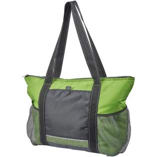 Zippered main compartment with heat-sealed PEVA liner and boarded bottom. Front slip pocket and two side mesh pockets. Shoulder-length handles with drop down height of 30 cm. This 30-can capacity cooler has also a front loop to hold your keys.