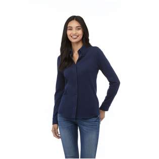 Self fabric collar. Stretch fabric. Adjustable cuff with single pleat. Button-down collar. Shaped seams and tapered waist for flattering fit. Satin piping at inside neck. Dyed-to-match engraved buttons. Woven main label.