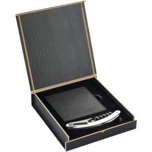 Mino 5-piece wine set. Set includes a stainless steel waitress corkscrew and four square coasters with fine detailed stitching around the edges and velvet flocked bottom. Presented in a wooden gift box including logo plate and Paul Bocuse gift box. Exclusive design. Wood, stainless steel and imitation leather. 