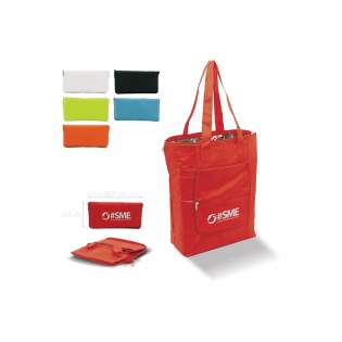 Foldable portable cool bag. Bag can be folded into a small pouch. Zipper closure. Additional compartment on the side.