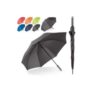 Large umbrella with wind proof fibreglass frame. The smart colour effect between the pongee polyester canopy and the ergonomical handle gives the umbrella a timeless look. Making it suitable for everybody.