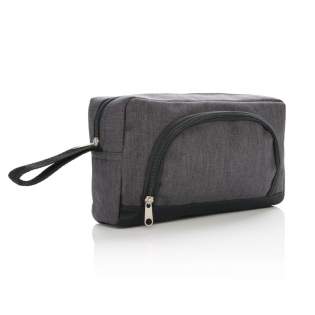 Two tone 600D polyester toiletry bag with enough space for all your beauty products and make-up. PVC free.