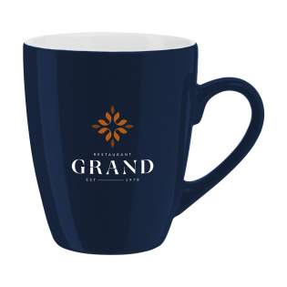 Tall, high quality ceramic mug. Capacity 310 ml. Dishwasher safe. The imprint is dishwasher tested and certified: EN 12875-2.