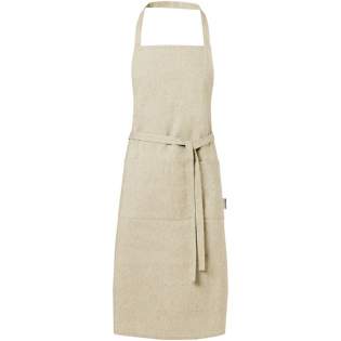 Apron made of 200 g/m² recycled cotton polyester blend. Features 2 adjacent pockets with a combined size of 45 x 20 cm, and a 1 metre tie back closure. Recycled cotton is manufactured from pre-consumer waste generated by textile factories during the cutting process. Due to the nature of recycled cotton, there may be a very slight colour variation. This feature distinctly adds to a more authentic appearance.  Lenght of the neck strap: 55 cm.