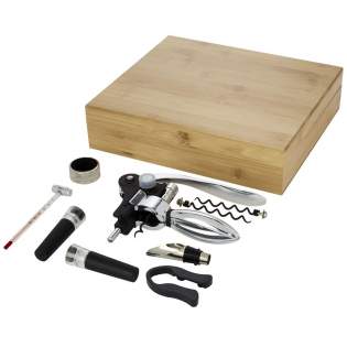 9-piece wine set including 1 corkscrew, 2 stoppers, 1 pourer, 1 ring, 1 foil cutter, 1 thermometer, and 2 spare corkscrews. Delivered in a bamboo gift box sourced and produced following sustainable standards.