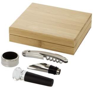4-piece wine set including a waitress corkscrew, a stopper, a pourer and a ring. Delivered in a bamboo gift box sourced and produced following sustainable standards.