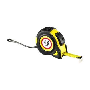 Professional tape measure, high-quality hardened steel band (width 1.9 cm), indication in centimeters, sturdy, non-slip grip rubber case, built-in automatic stop, belt clip and wrist strap. Verified according to European standards. Each item is individually boxed.