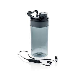 Leakproof tritan bottle with unique lid incorporating easy carry handle. Sweatproof wireless Bluetooth 4.0 earbuds inside. 55 mAh battery inside for 3 hours of music. Includes microphone, phone pickup function and volume control. Includes micro USB cable. Content 500ml.