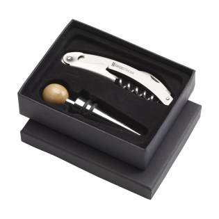 2-piece wine gift set: matte steel waiters friend and bottle stopper with rounded wooden handle. Each set in a box.