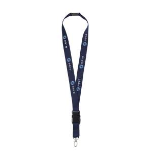 Lanyard made of strong woven polyester, with metal carabiner hook and plastic safety clasp. The lower section is detachable using the quick release click system.