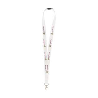 Polyester lanyard with metal carabiner and plastic safety clasp.