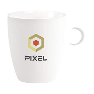 Quality ceramic mug with distinctive round handle. In all white or with coloured exterior. Capacity 200 ml. Suitable for all coffee machines. Dishwasher safe. The imprint is dishwasher tested and certified: EN 12875-2.