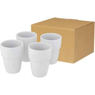 Gift set of four ceramic mugs that are stackable so that they take up as little space as possible and are neatly organized at the office or at home. Volume capacity is 280 ml. Dishwasher safe for all printing methods. Presented in a recycled cardboard gift box.