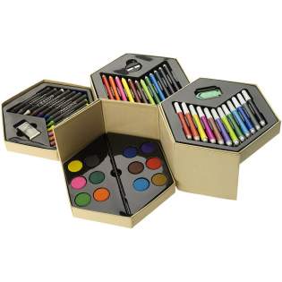 12 marker pens, 12 colouring pencils, 12 wax crayons, 12 watercolour paint, paint brush, sharpener, eraser and large paper clip. Decoration not available on components.